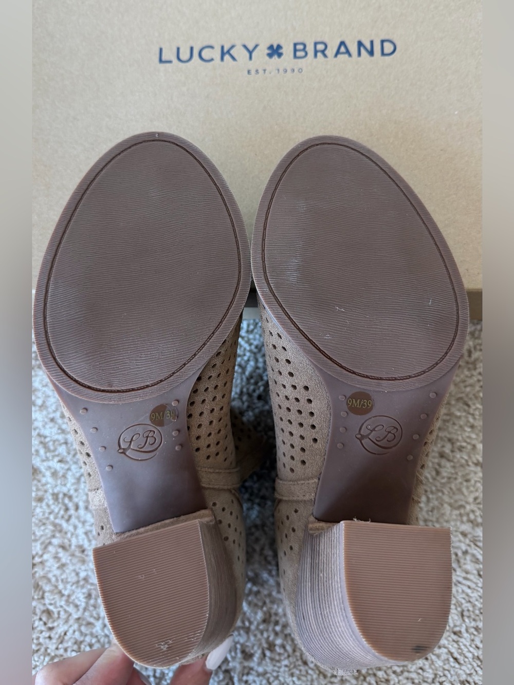 Lucky Brand Suede Perforated Peep-Toe Block Heel Booties - Taupe - Picture 3 of 4